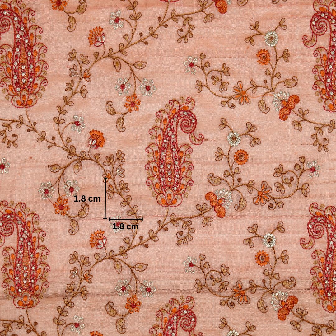 Alpana Jaal On Peach Tussar Silk Embroidered Fabric