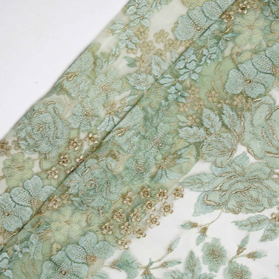 Maira Jaal on Moss Green Net Embroidered Fabric