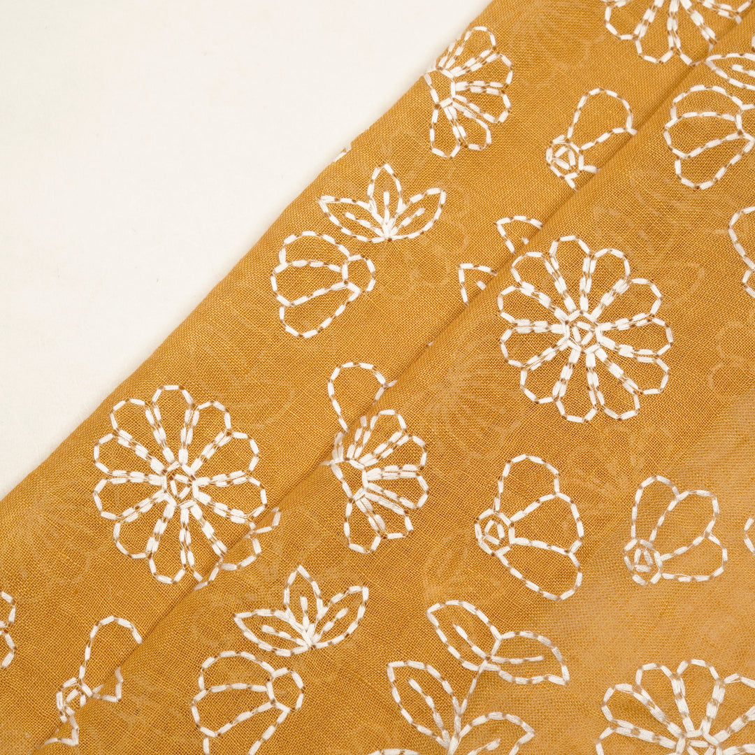 Adrija Floral Jaal on Mustard Gauged Linen Embroidered Fabric