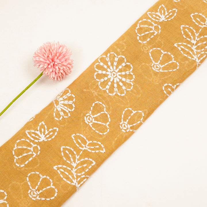 Adrija Floral Jaal on Mustard Gauged Linen Embroidered Fabric