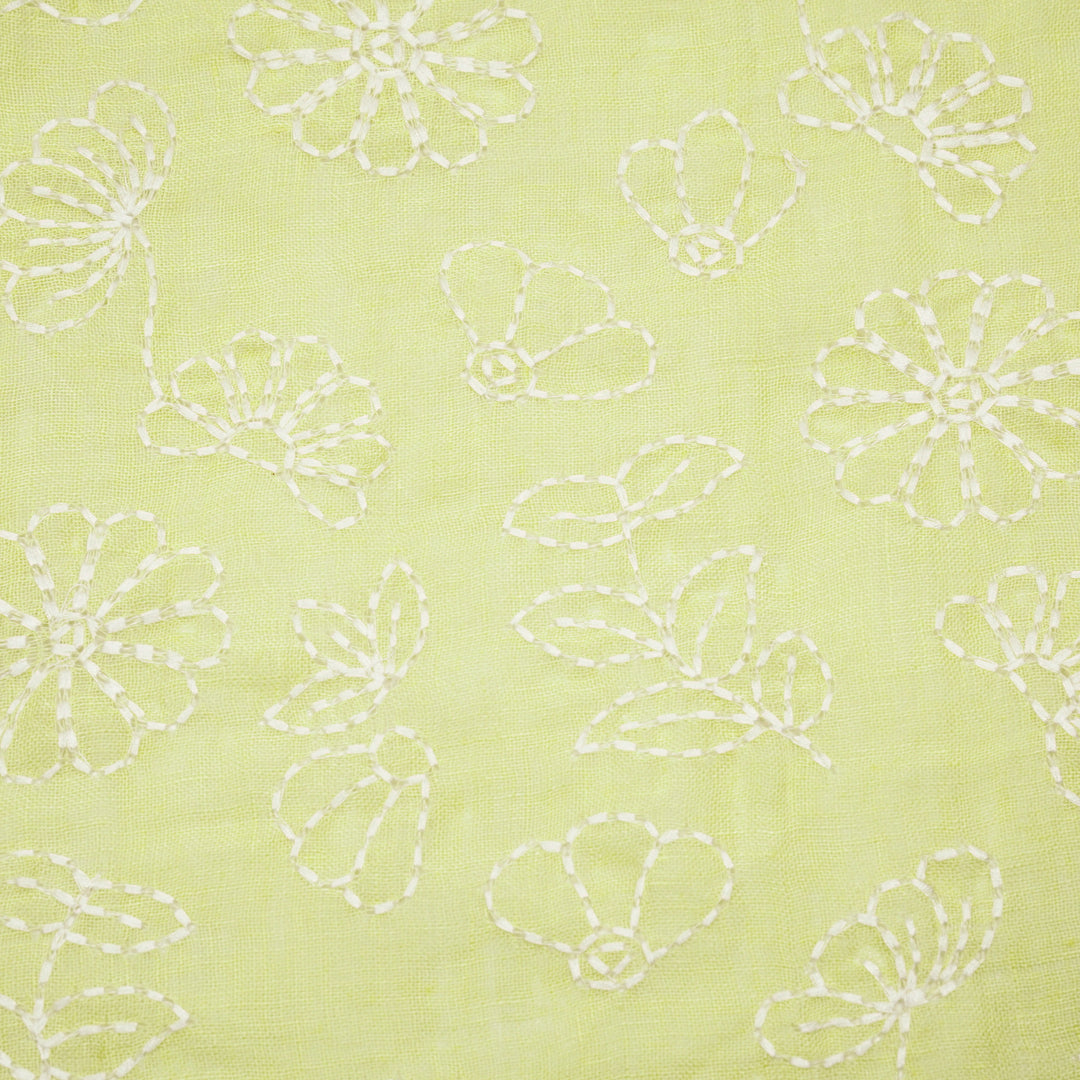 Adrija Floral Jaal on Yellow Gauged Linen Embroidered Fabric