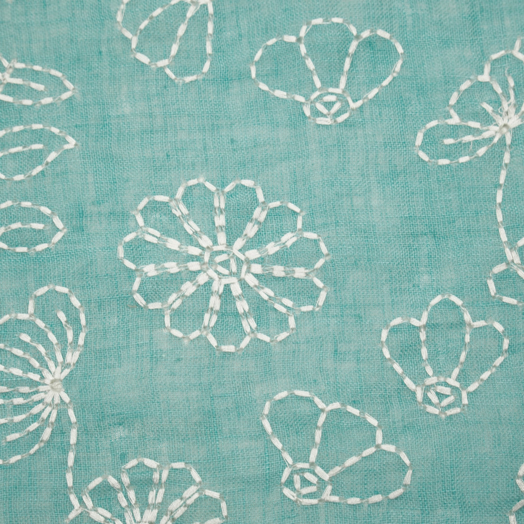 Adrija Floral Jaal on Turquoise Gauged Linen Embroidered Fabric