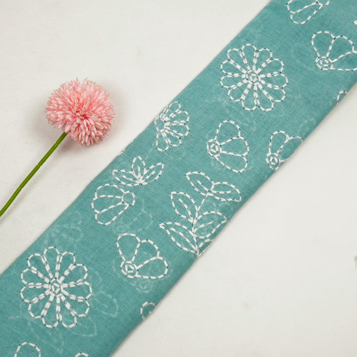 Adrija Floral Jaal on Turquoise Gauged Linen Embroidered Fabric