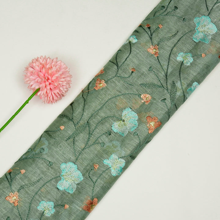 Akshara Jaal on Light Teal Silk Linen Embroidered Fabric