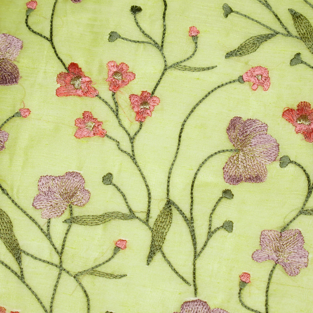 Akshara Jaal on Yellow Silk Linen Embroidered Fabric