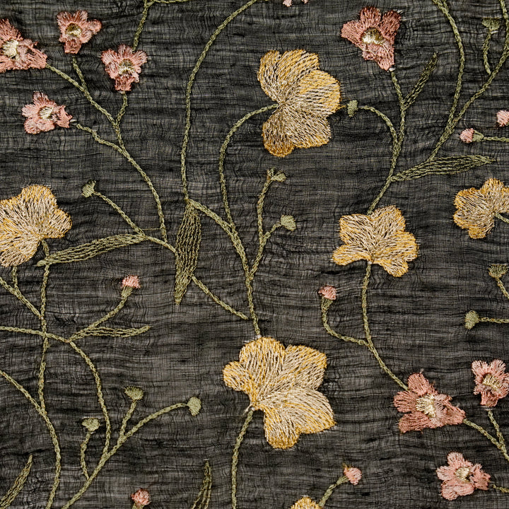 Akshara Jaal on Black Silk Linen Embroidered Fabric