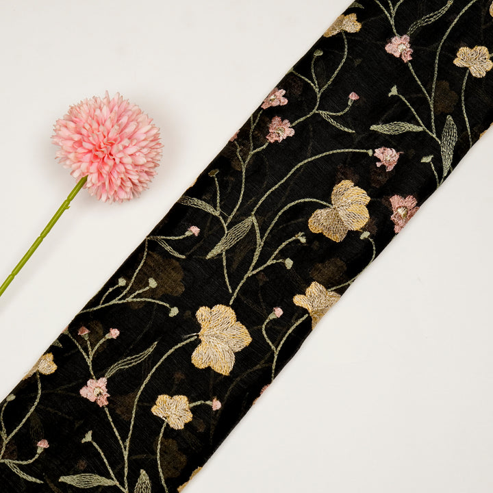 Akshara Jaal on Black Silk Linen Embroidered Fabric