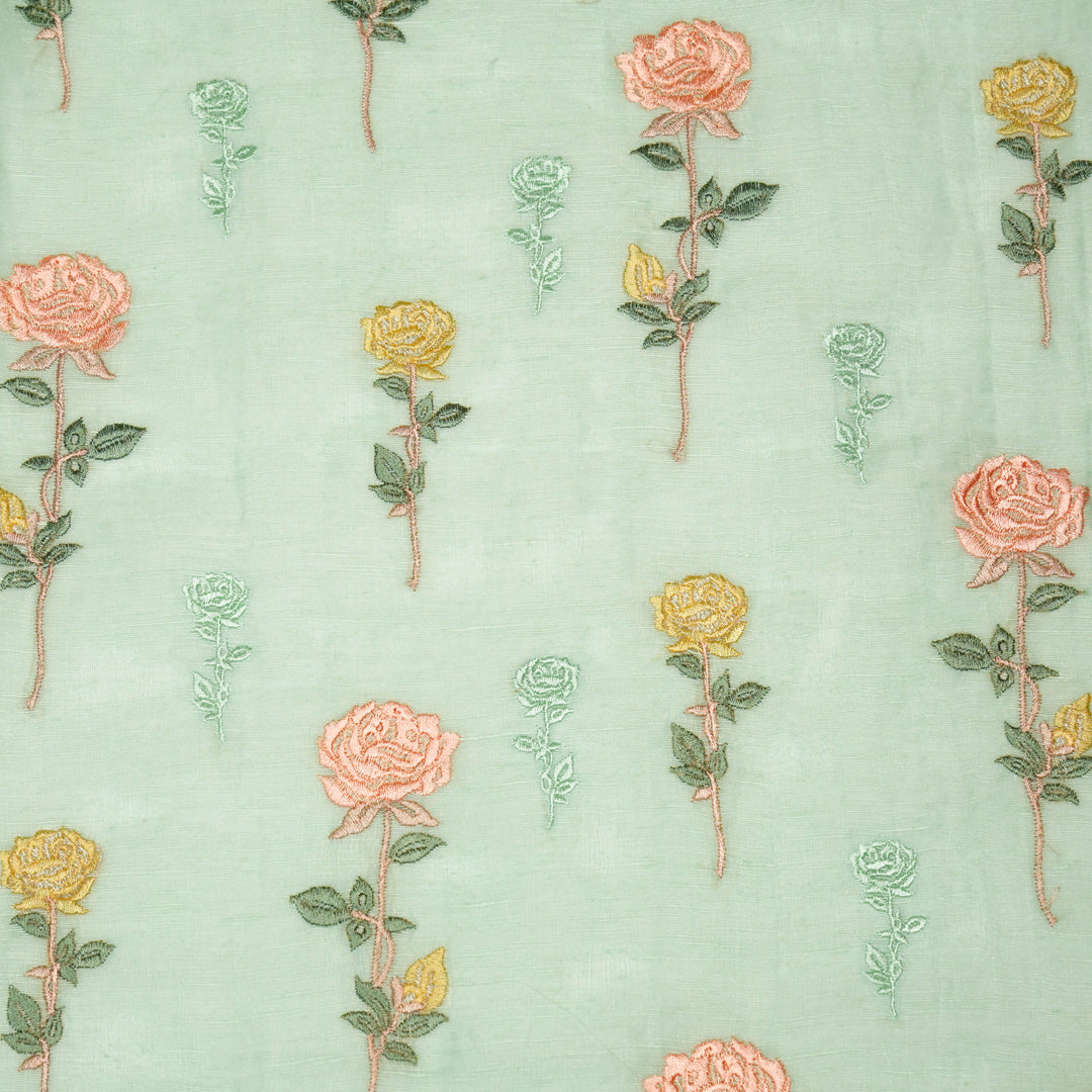 Yuvika Rose Buta on Mint Green Silk Linen Embroidered Fabric