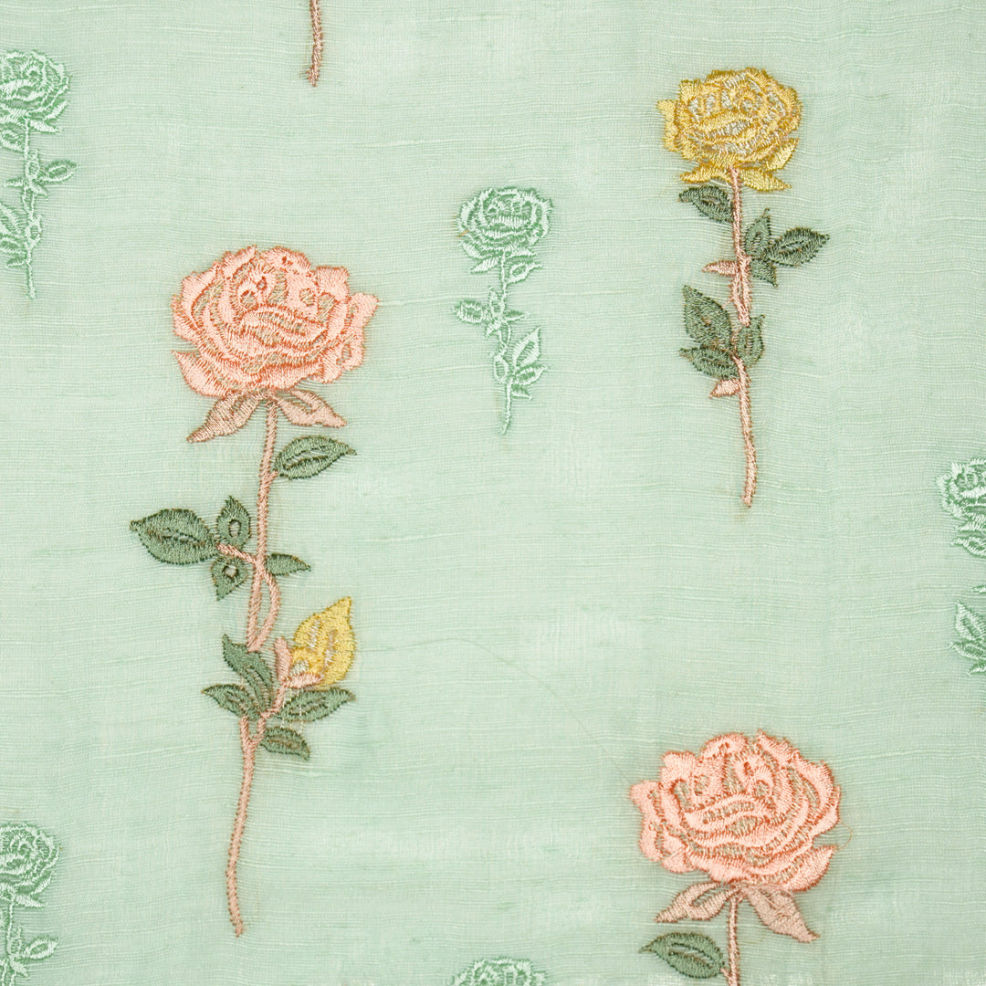 Yuvika Rose Buta on Mint Green Silk Linen Embroidered Fabric