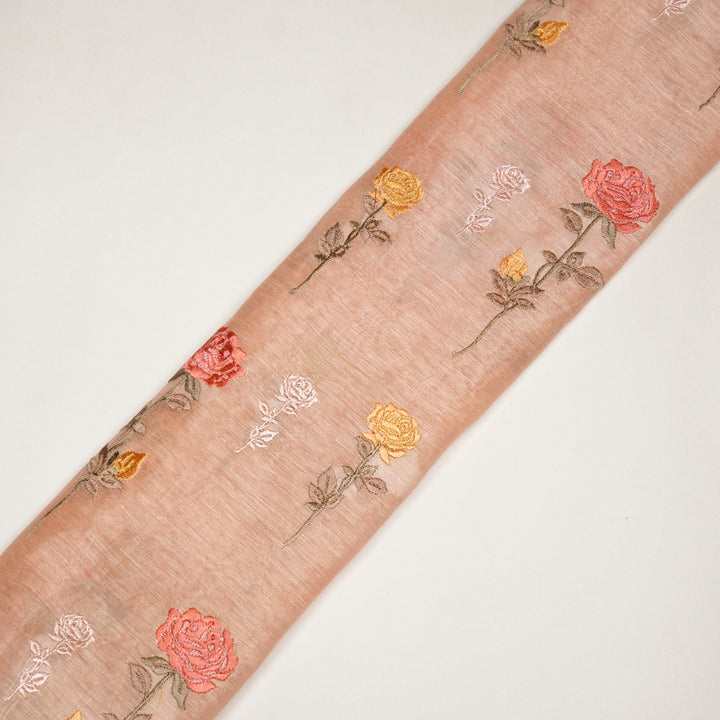 Yuvika Rose Buta on Light Peach Silk Linen Embroidered Fabric