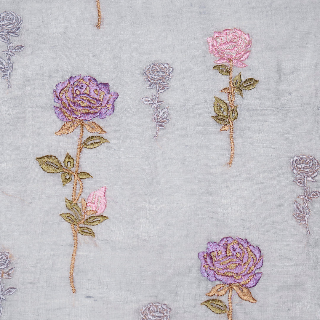 Yuvika Rose Buta on Mauve Silk Linen Embroidered Fabric