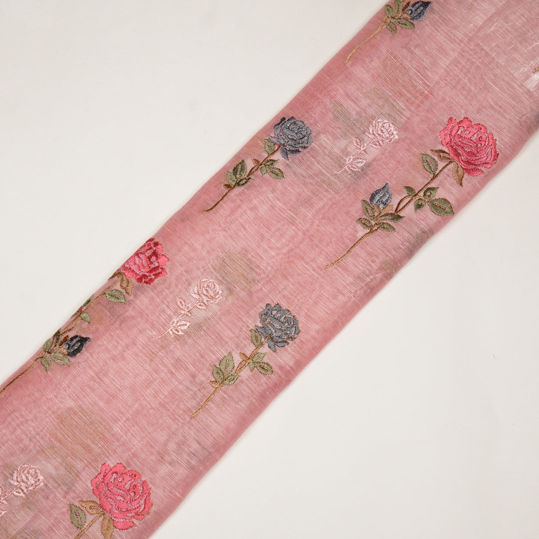 Yuvika Rose Buta on Pink Silk Linen Embroidered Fabric