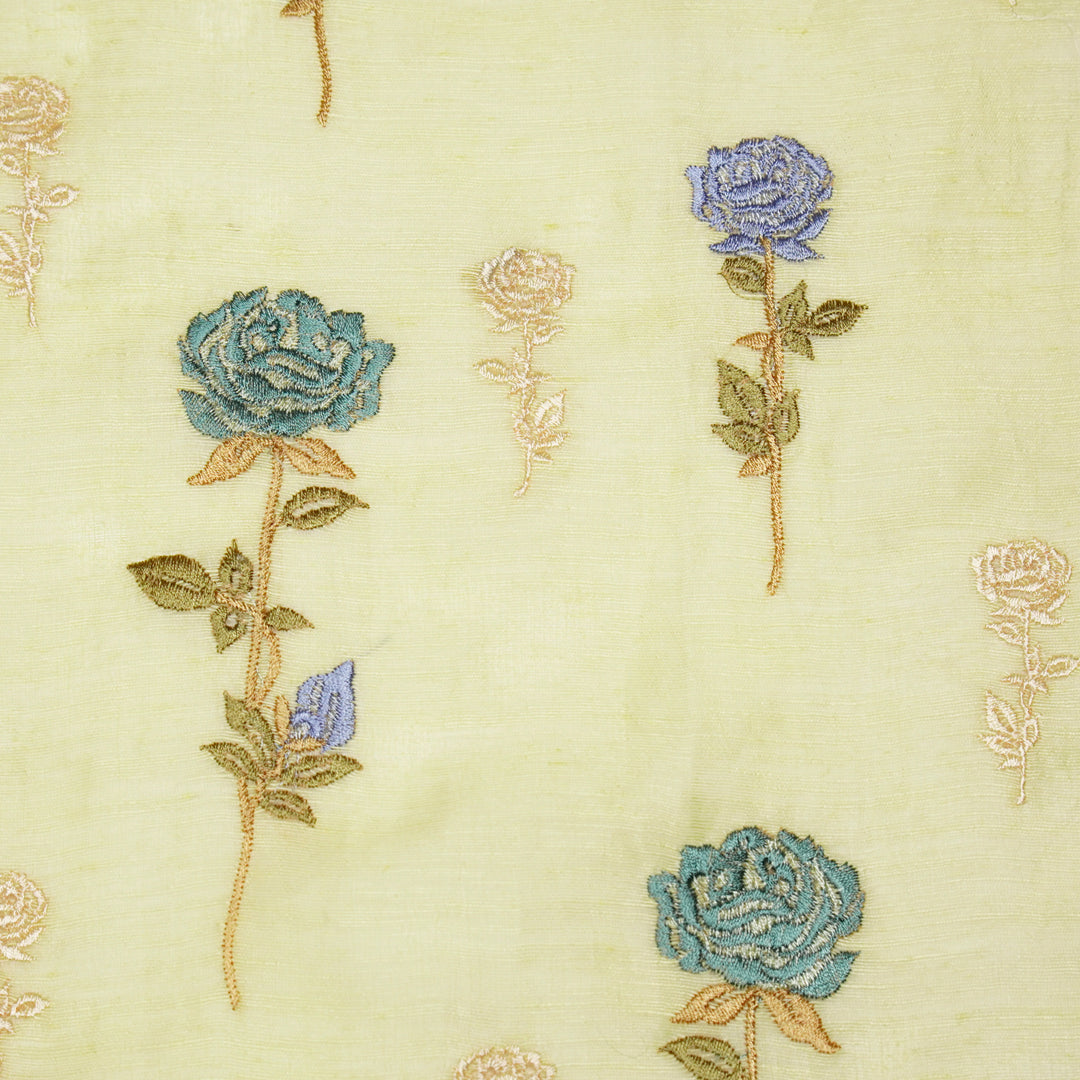 Yuvika Rose Buta on Lemon Silk Linen Embroidered Fabric