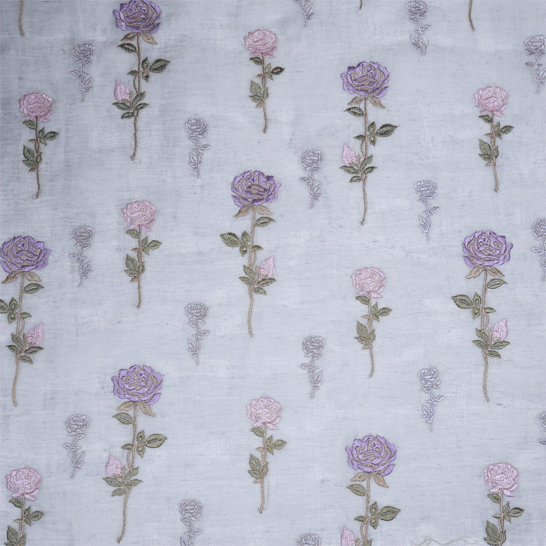 Yuvika Rose Buta on Mauve Silk Linen Embroidered Fabric