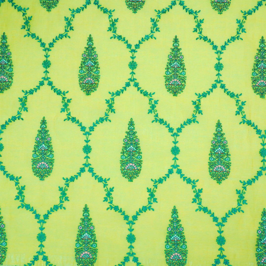 Aaboli Jaal on Lime Yellow Cotton Silk Embroidered Fabric