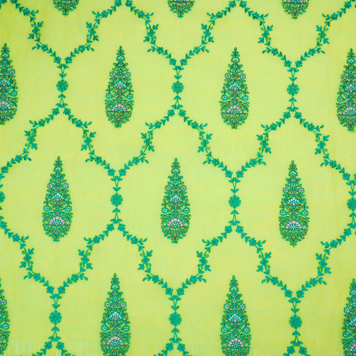 Aaboli Jaal on Lime Yellow Cotton Silk Embroidered Fabric