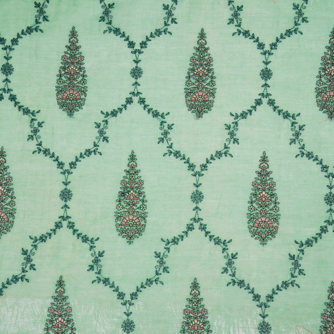 Aaboli Jaal on Sage Green Cotton Silk Embroidered Fabric