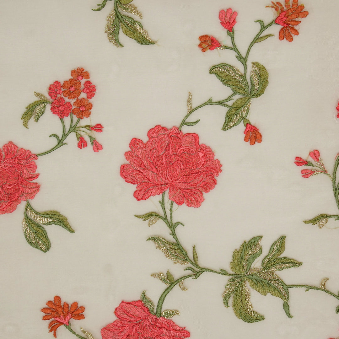 Jamila Floral Jaal on Ecru Silk Organza Embroidered Fabric