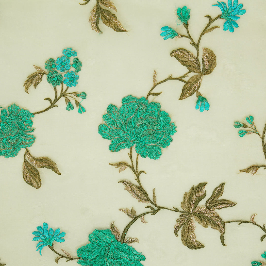 Jamila Floral Jaal on Pista Green Silk Organza Embroidered Fabric