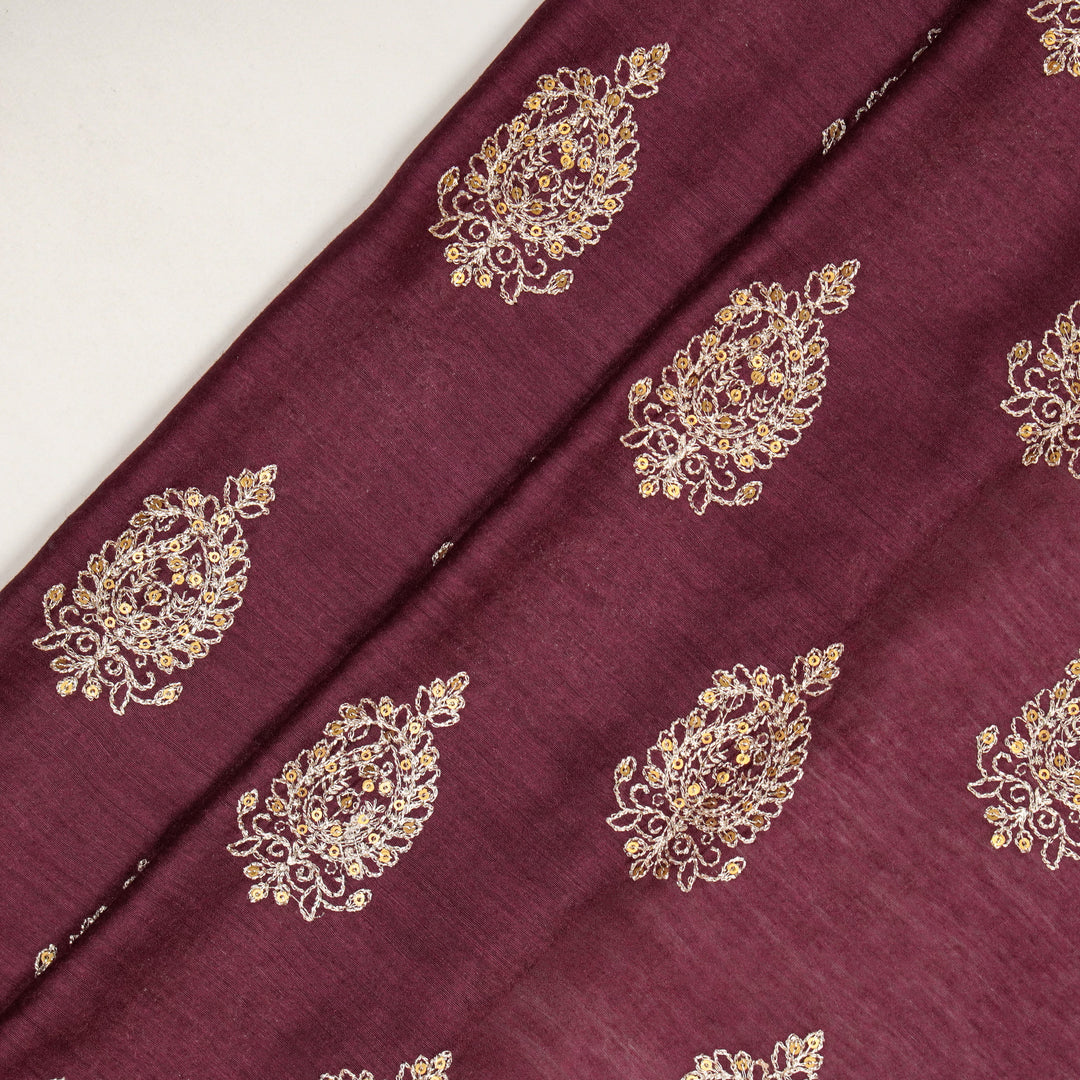Chaitali Buta on Wine Munga Silk Embroidered Fabric