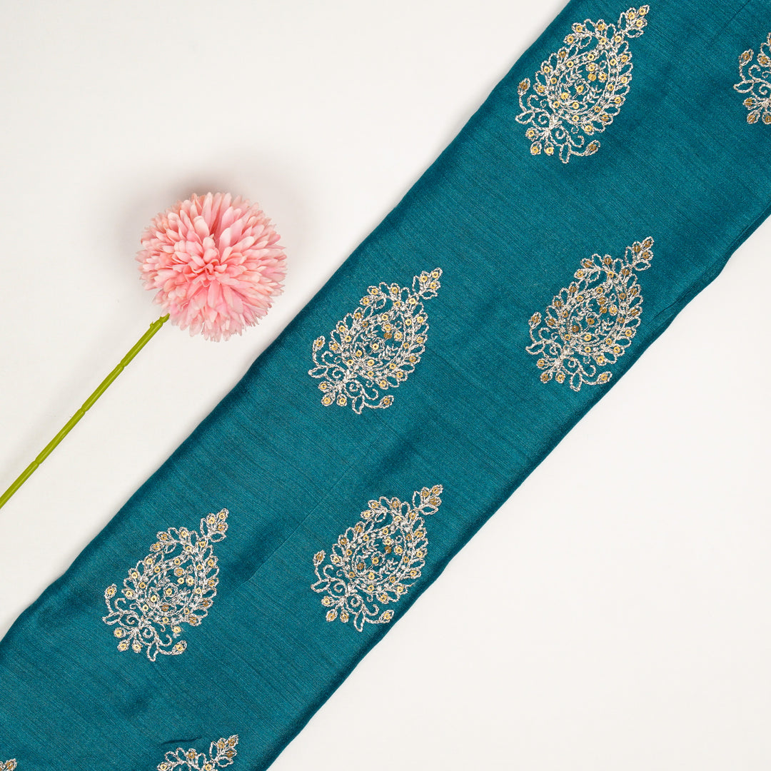Chaitali Buta on Deep Turquoise Munga Silk Embroidered Fabric