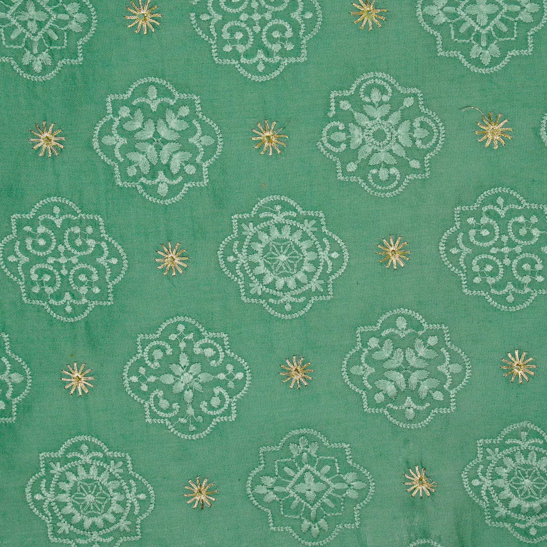 Amal Buta on Teal Munga Silk Embroidered Fabric