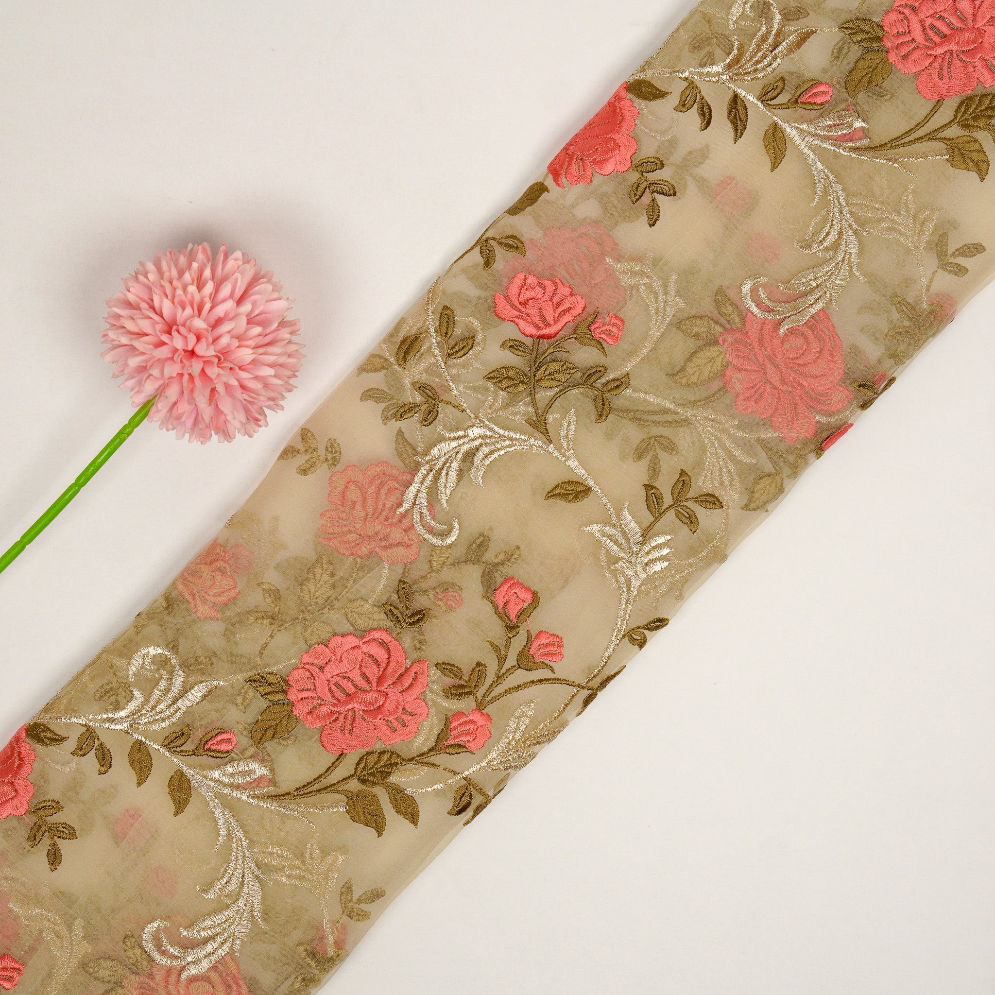 Alisha Jaal on Beige Silk Organza Embroidered Fabric Zarinama