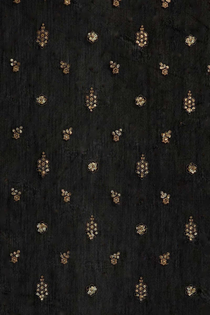 Zig Zag Border and Buti with Sequin Touch On Black Semi Chanderi 54 inches