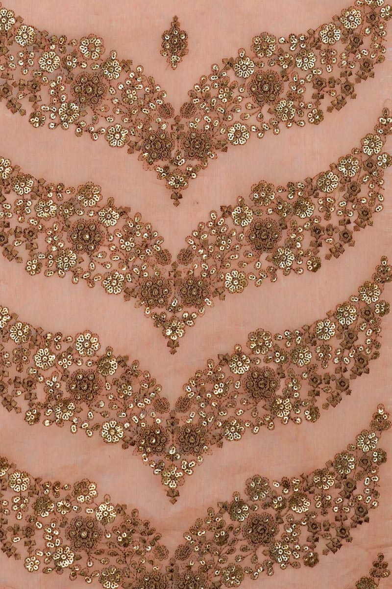Zig Zag Border and Buti with Sequin Touch On Peach Semi Chanderi 54 inches