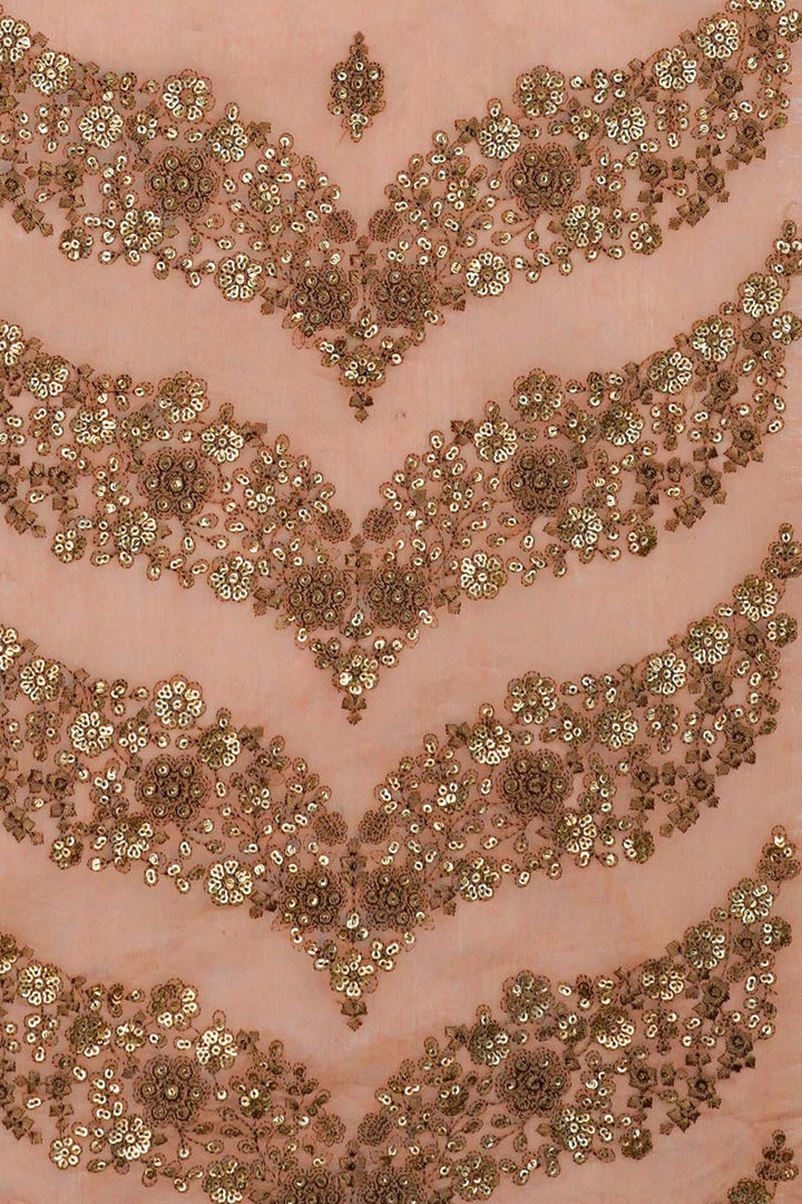 Zig Zag Border and Buti with Sequin Touch On Peach Semi Chanderi 54 inches