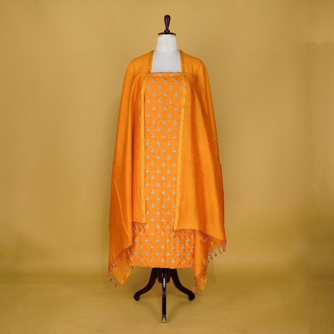 Rati Buti Suit fabric set on Raw Silk (Unstitched)- Mustard Gold