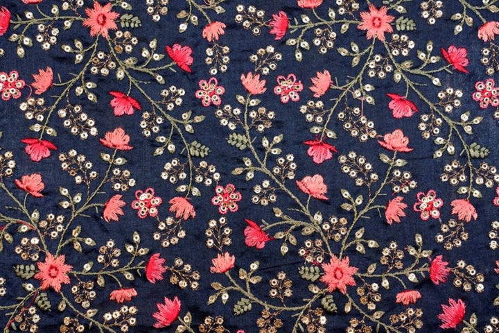 Zeenat Floral Jaal with Sequin Touch On Navy Blue Chinon