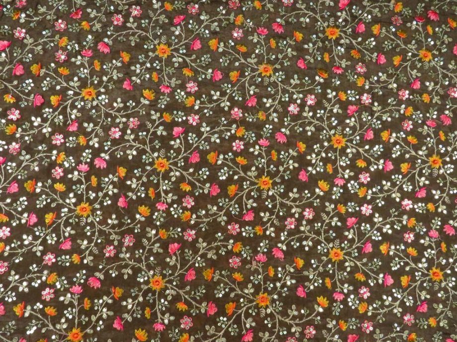 Zeenat Floral Jaal with Sequin Touch On Brown Chinon