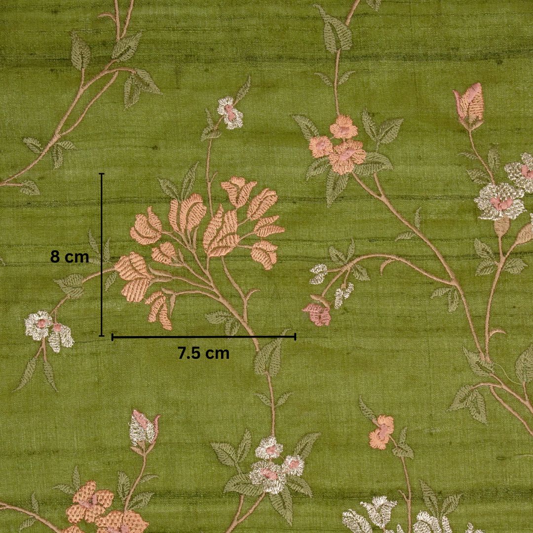 Fida Jaal On Olive Tussar Silk Embroidered Fabric