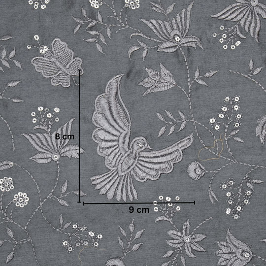 Naila Bird Jaal on Silver Grey Luxe Silk Chanderi Embroidered Fabric