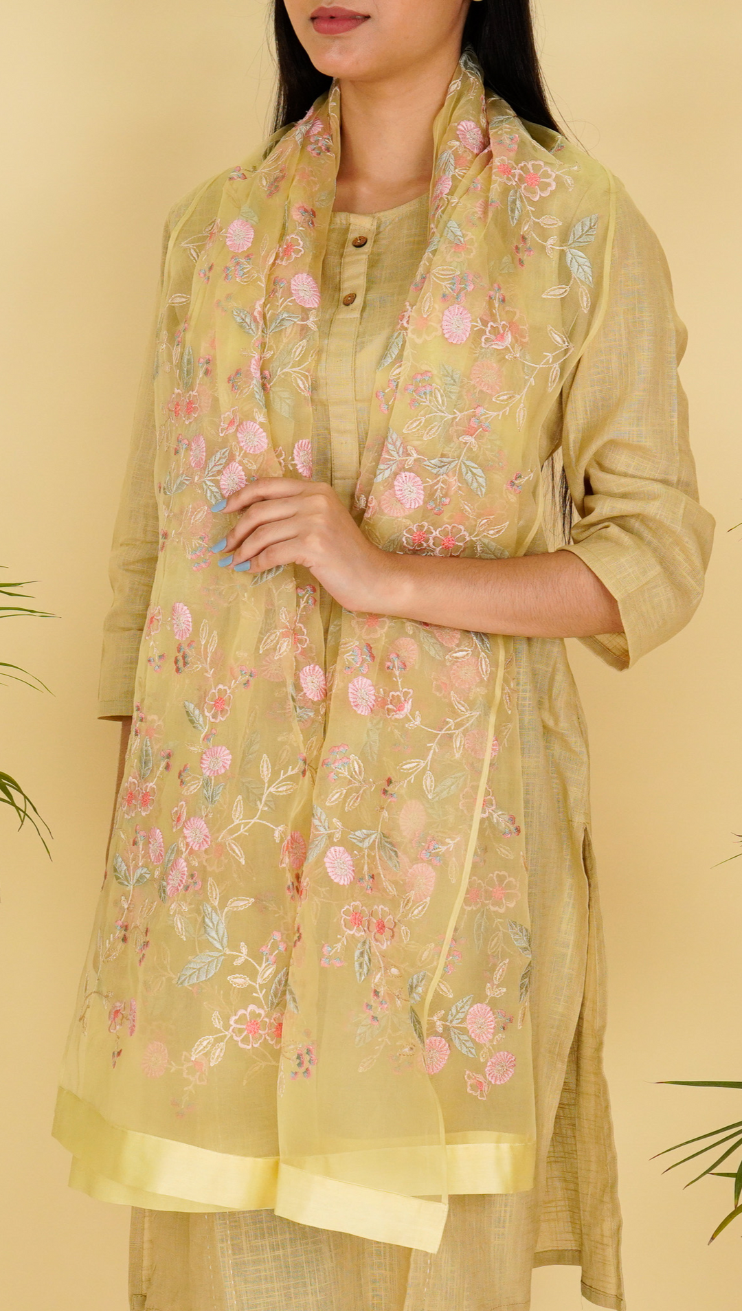 Naureen Embroidered Stole on Lemon Silk Organza