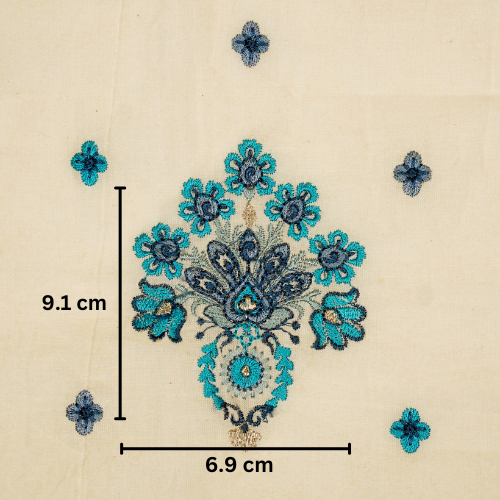 Rituja Buta Buti Mixture on Cream/Blue Malmal Embroidered Fabric