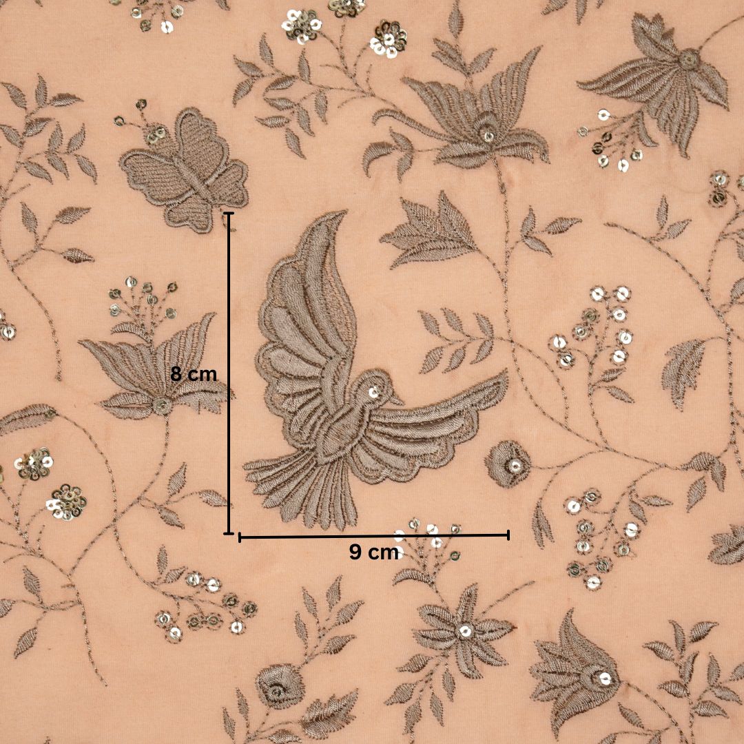 Naila Bird Jaal on Peach Luxe Silk Chanderi Embroidered Fabric