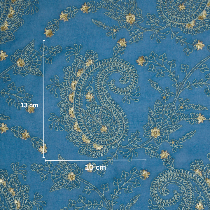 Afifa Jaal on Prussian Blue Semi Georgette Embroidered Fabric
