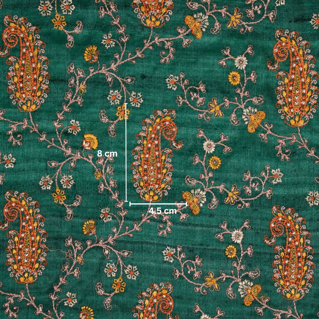 Alpana Jaal On Bottle Green Tussar Silk Embroidered Fabric