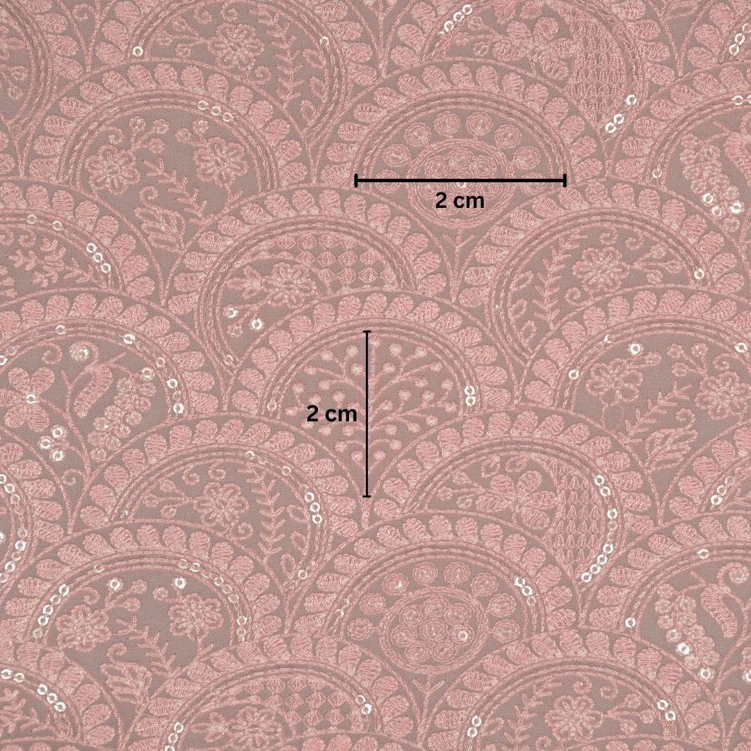 Floral Chikankari Style Arches On Pink Semi Georgette mbroidered Fabric