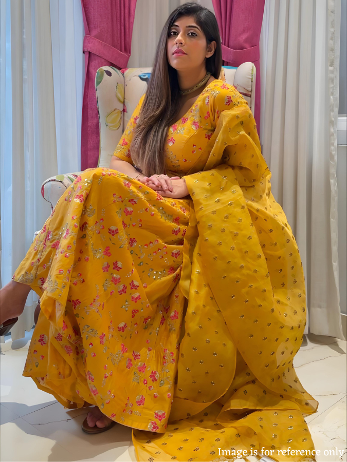 Lotus Jaal Unstitched Embroidered Lehenga Set on Gold Silk Chanderi