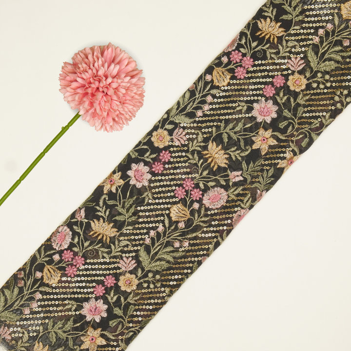 Kanan Jaal on Charcoal Semi Georgette Embroidered Fabric