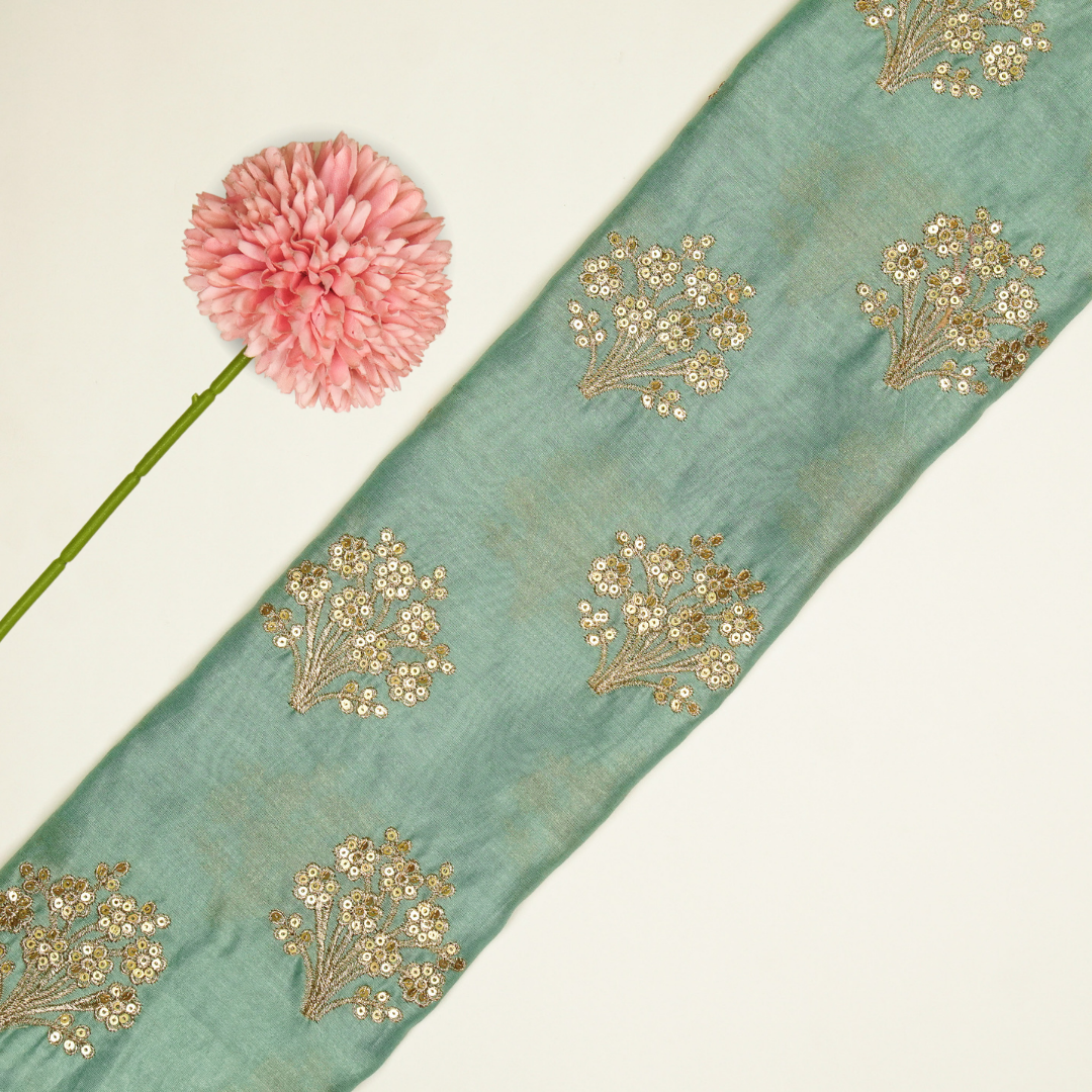 Warda Buta on Aqua Silk Chanderi Embroidered Fabric