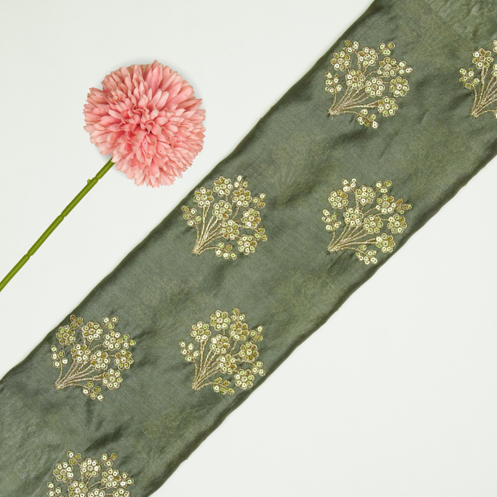 Warda Buta on Dark Mouse Silk Chanderi Embroidered Fabric