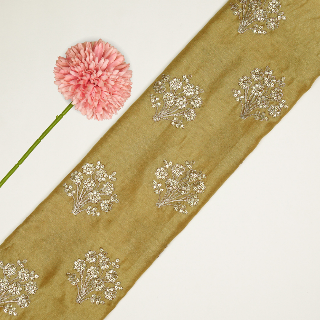 Warda Buta on Gold Silk Chanderi Embroidered Fabric