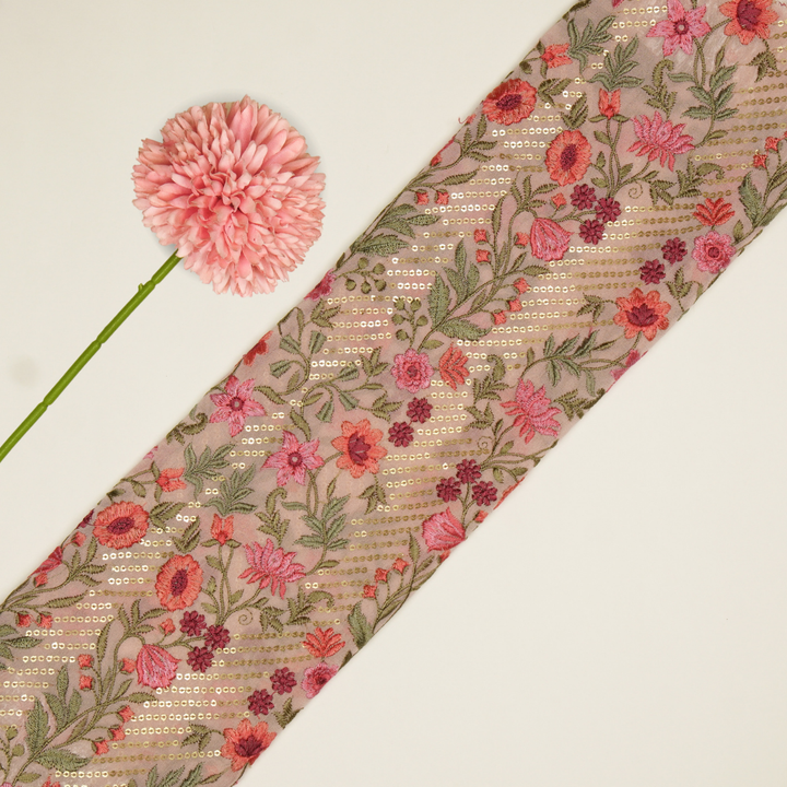 Kanan Jaal on Light Peach Semi Georgette Embroidered Fabric