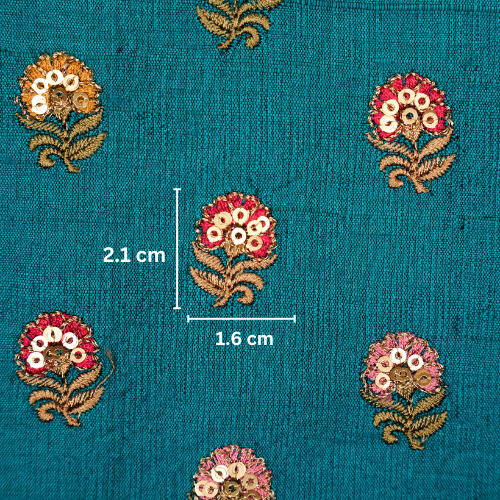 Gulfi Buti on Peacock Blue Raw Silk Embroidered Fabric