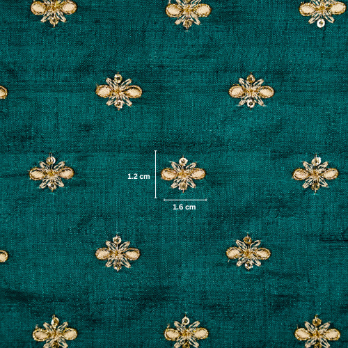 Bindra Buti On Teal Blue Tussar Silk Embroidered Fabric