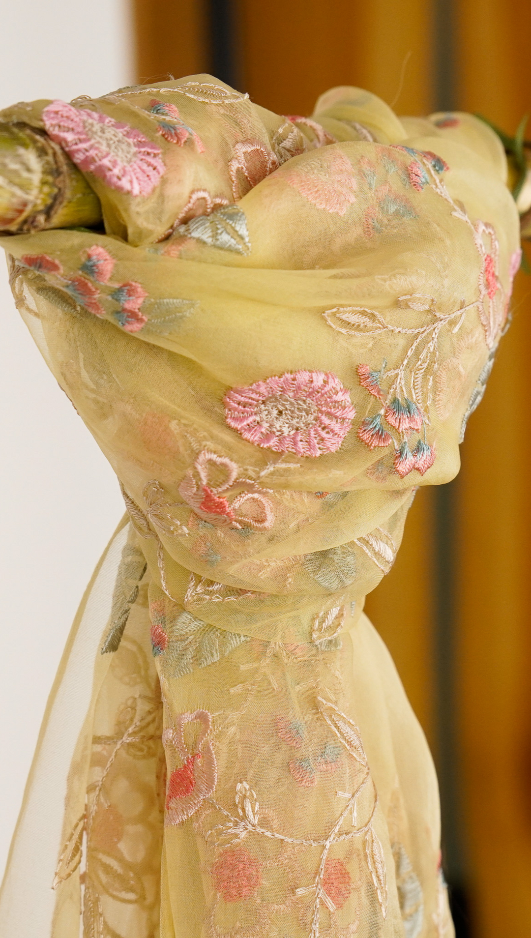 Naureen Embroidered Stole on Lemon Silk Organza